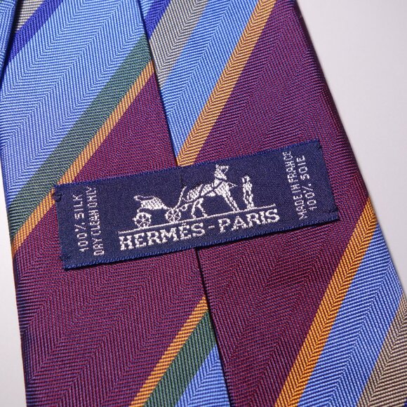 Hermes Paris Multicolor Striped 100% Silk Tie Made In France - Picture 4 of 7